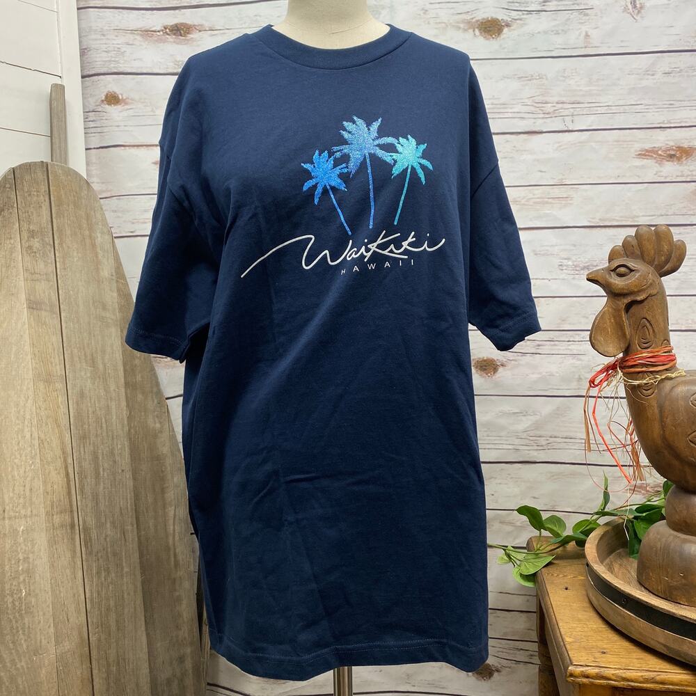 Waikiki Hawaii Souvenir Palm Tree Glitter Graphic TShirt Dark Navy Blue 2XL NWT